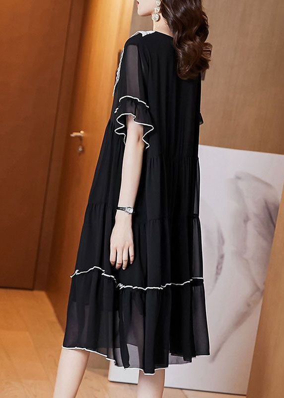Oversized Lace Collar Short Sleeve Tiered Contrast Trim Knee Length Dress