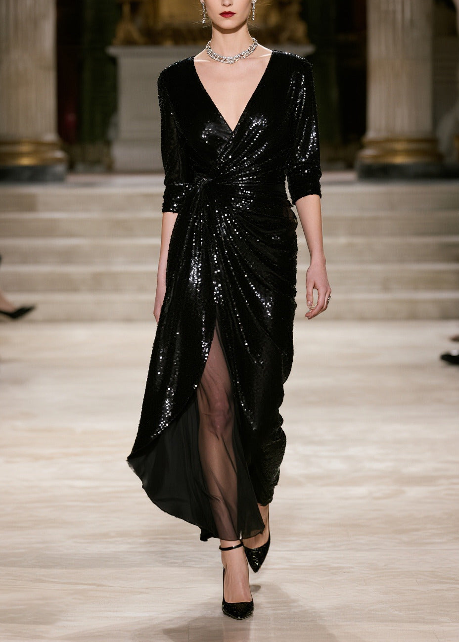 Sequin Deep V-Neck Three Quarter Sleeve Wrap Knot High Split Maxi Gown
