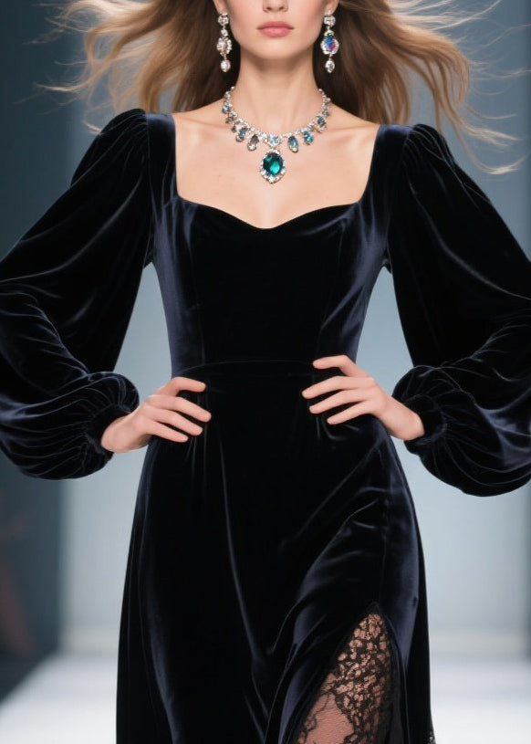 Velvet Sweetheart Bishop Sleeve Lace Panel High Split Maxi Gown