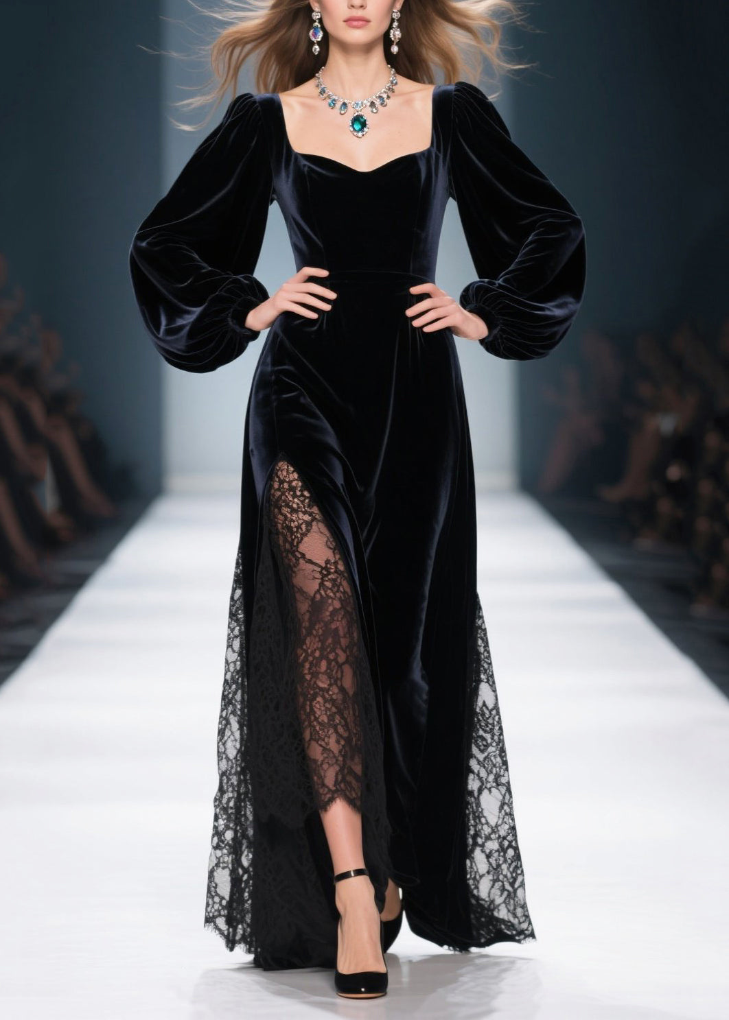 Velvet Sweetheart Bishop Sleeve Lace Panel High Split Maxi Gown