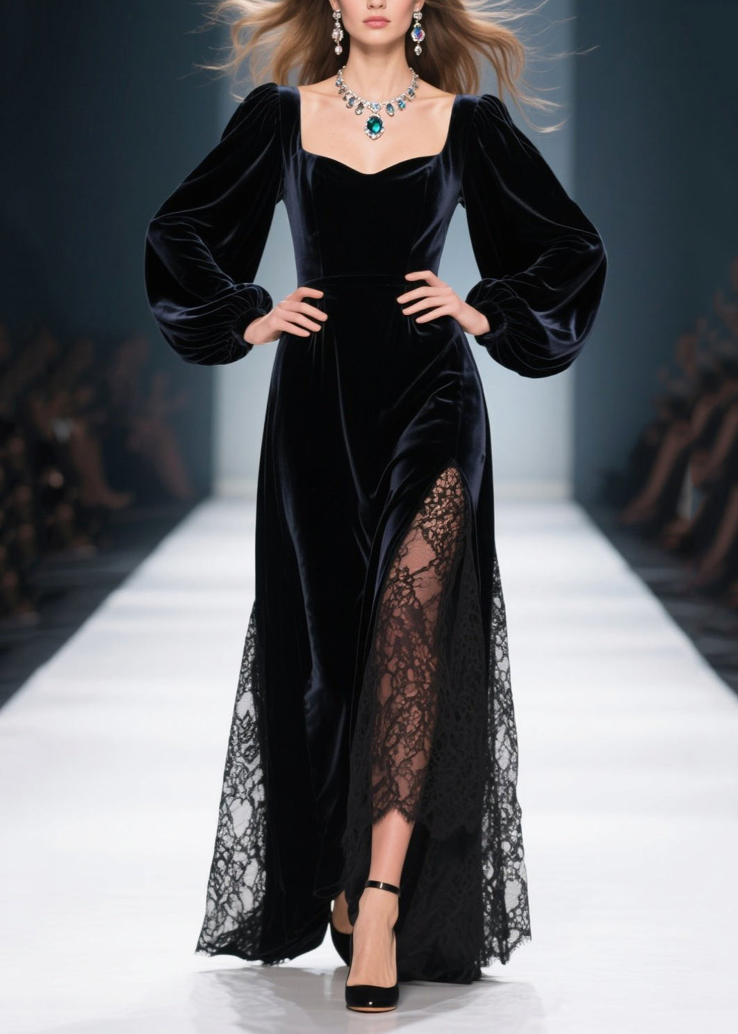 Velvet Sweetheart Bishop Sleeve Lace Panel High Split Maxi Gown