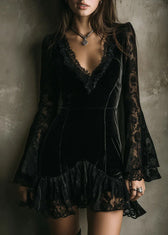 Stylish Black V Neck Lace Patchwork Velvet Mini Dress Fall