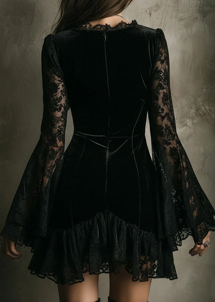 Stylish Black V Neck Lace Patchwork Velvet Mini Dress Fall 3