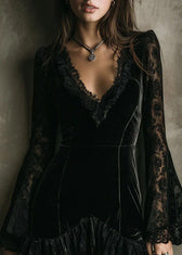 Stylish Black V Neck Lace Patchwork Velvet Mini Dress Fall 4