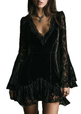 Stylish Black V Neck Lace Patchwork Velvet Mini Dress Fall 5