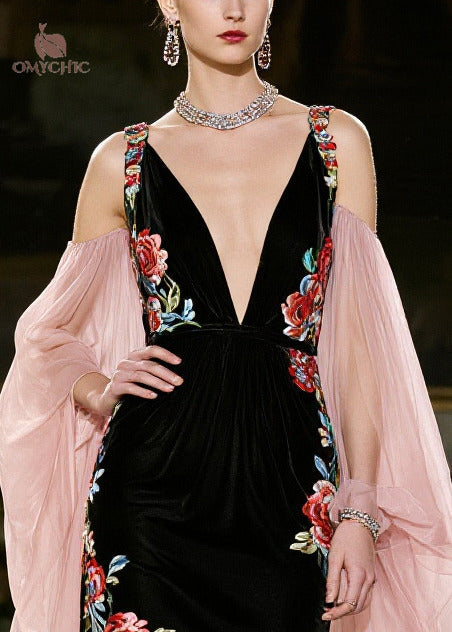 Floral Embroidered Velvet Chiffon Cape Sleeve Deep V-Neck High Split Maxi Gown