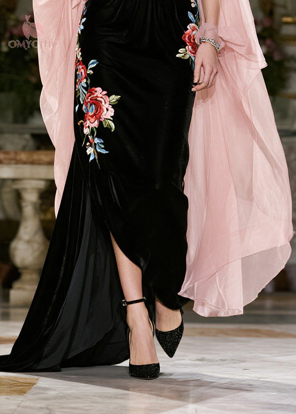 Floral Embroidered Velvet Chiffon Cape Sleeve Deep V-Neck High Split Maxi Gown