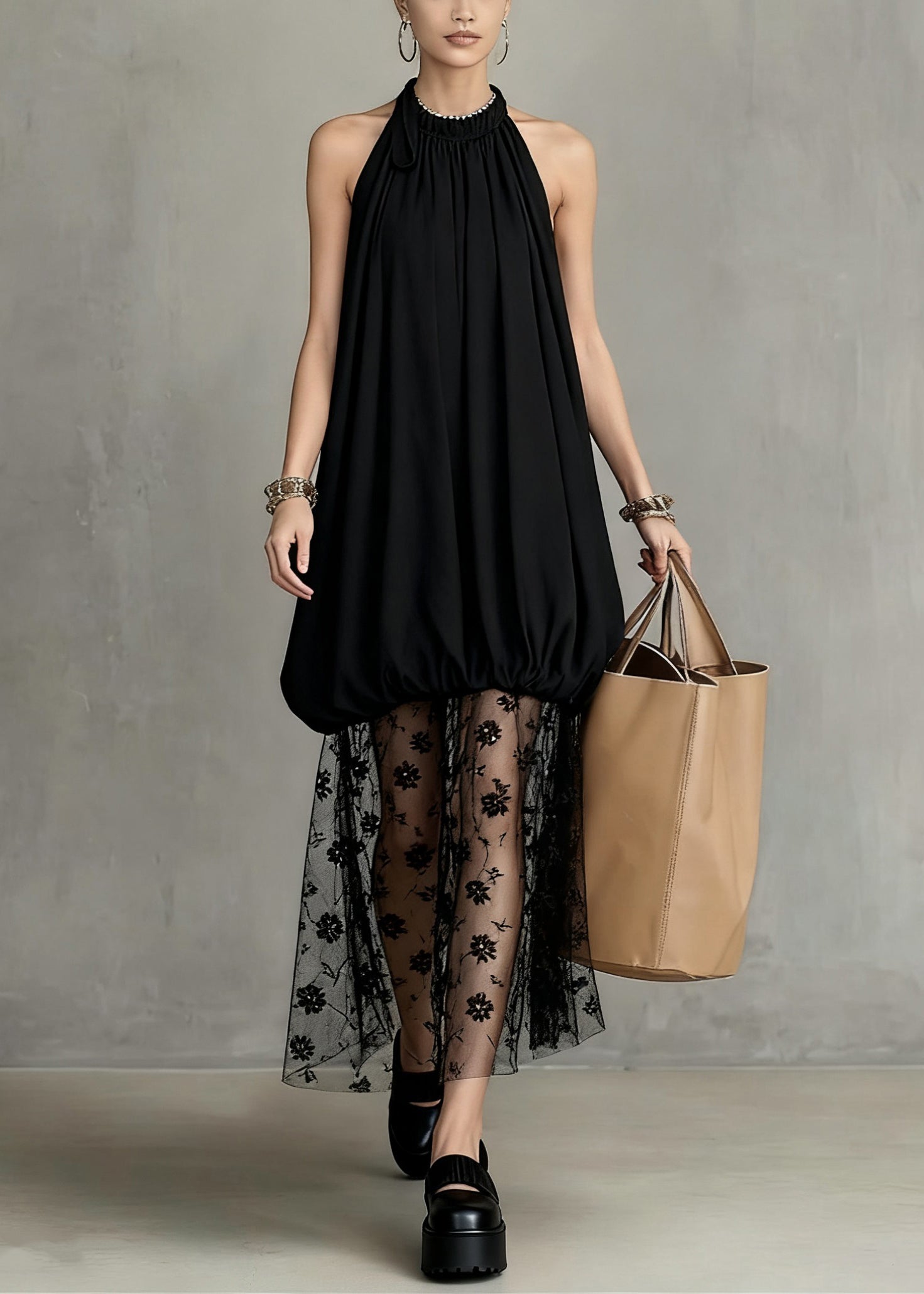 Halter Neck Bubble Bodice Floral Lace Mesh Overlay Maxi Dress
