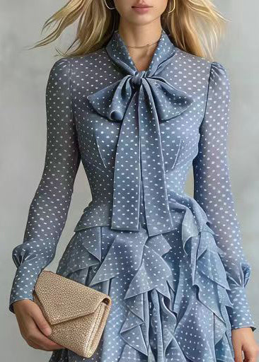 Polka Dot Bow Neck Tie Waist Tiered Ruffle Long Sleeve Midi Dress