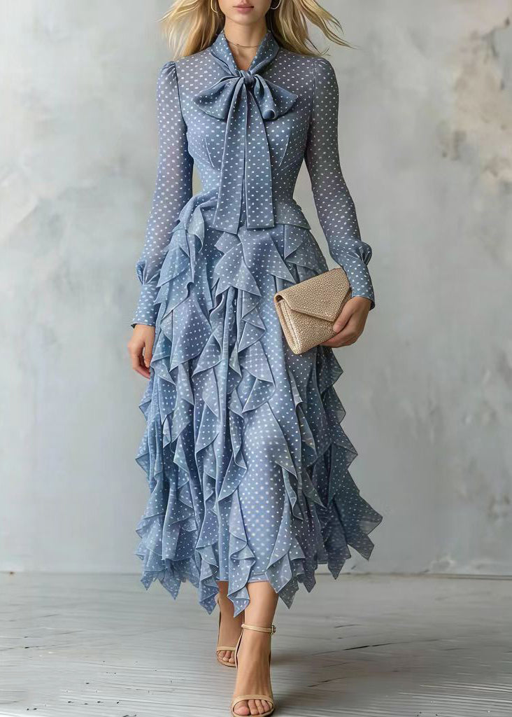 Polka Dot Bow Neck Tie Waist Tiered Ruffle Long Sleeve Midi Dress