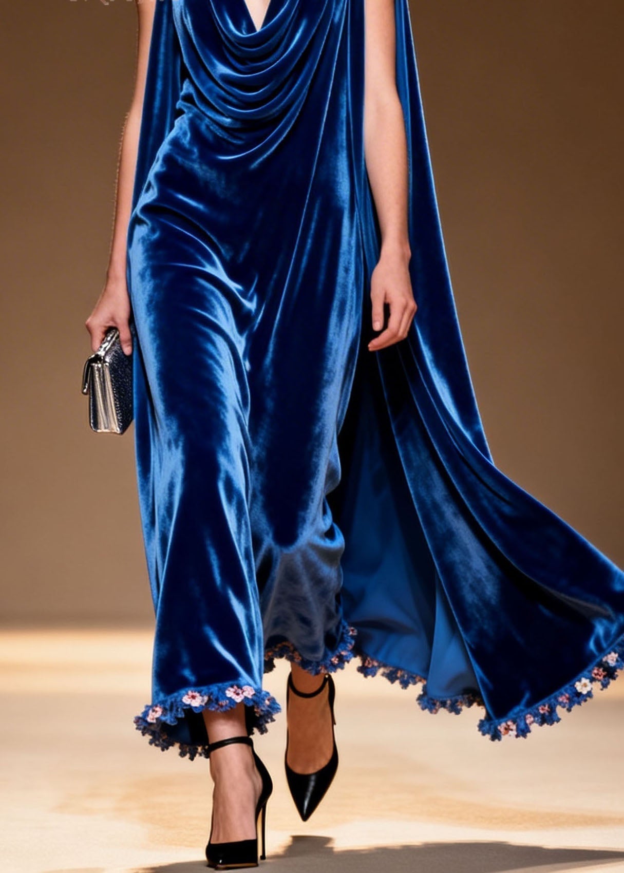 Velvet Cowl Neck Cape Back Floral Fringe Trim A-Line Maxi Gown