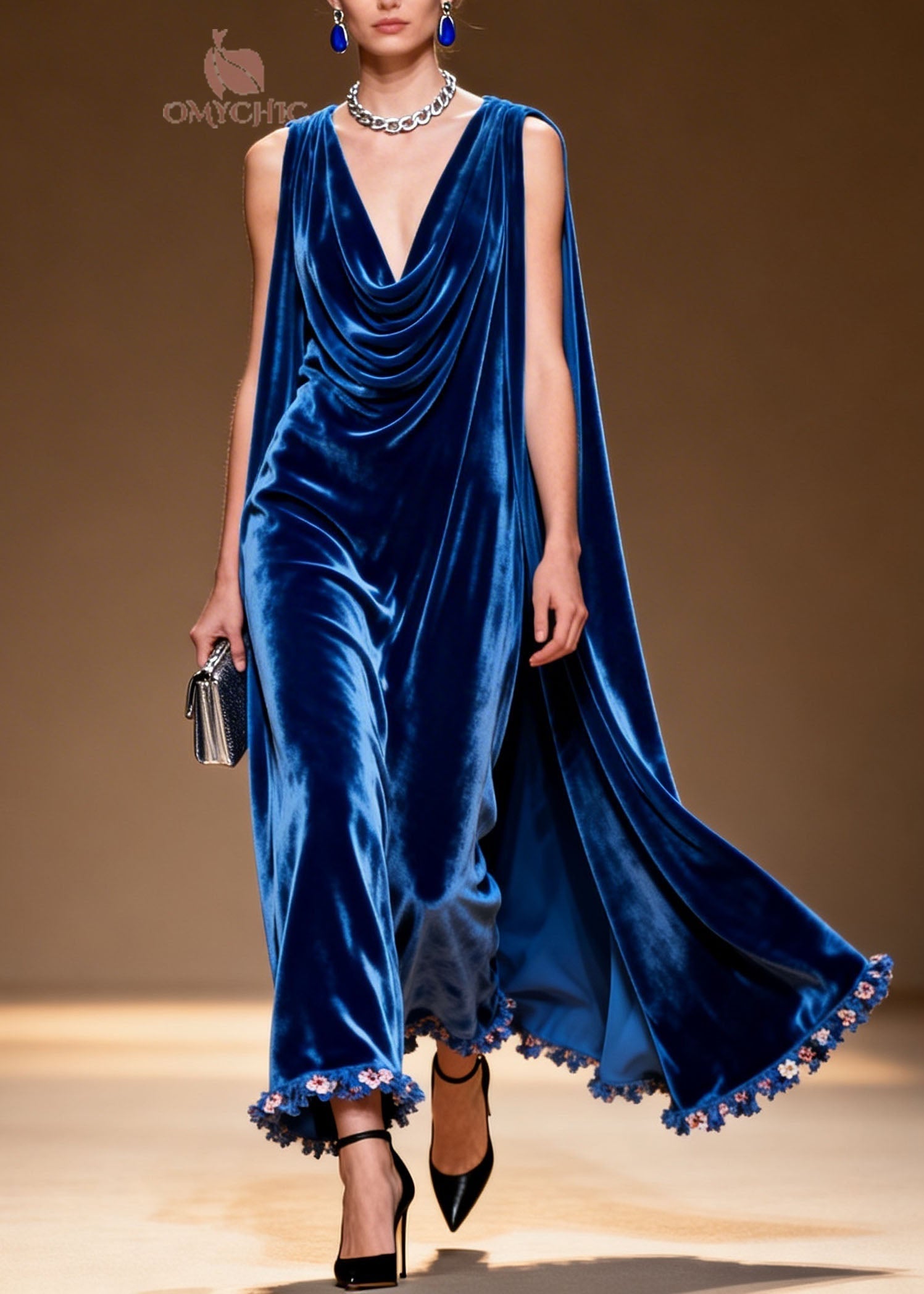 Velvet Cowl Neck Cape Back Floral Fringe Trim A-Line Maxi Gown