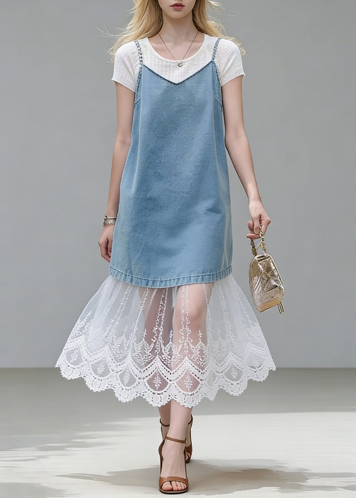 Short Sleeve Ribbed Tee and Denim-Look Lace Hem Slip Dress Two Piece Set 3
