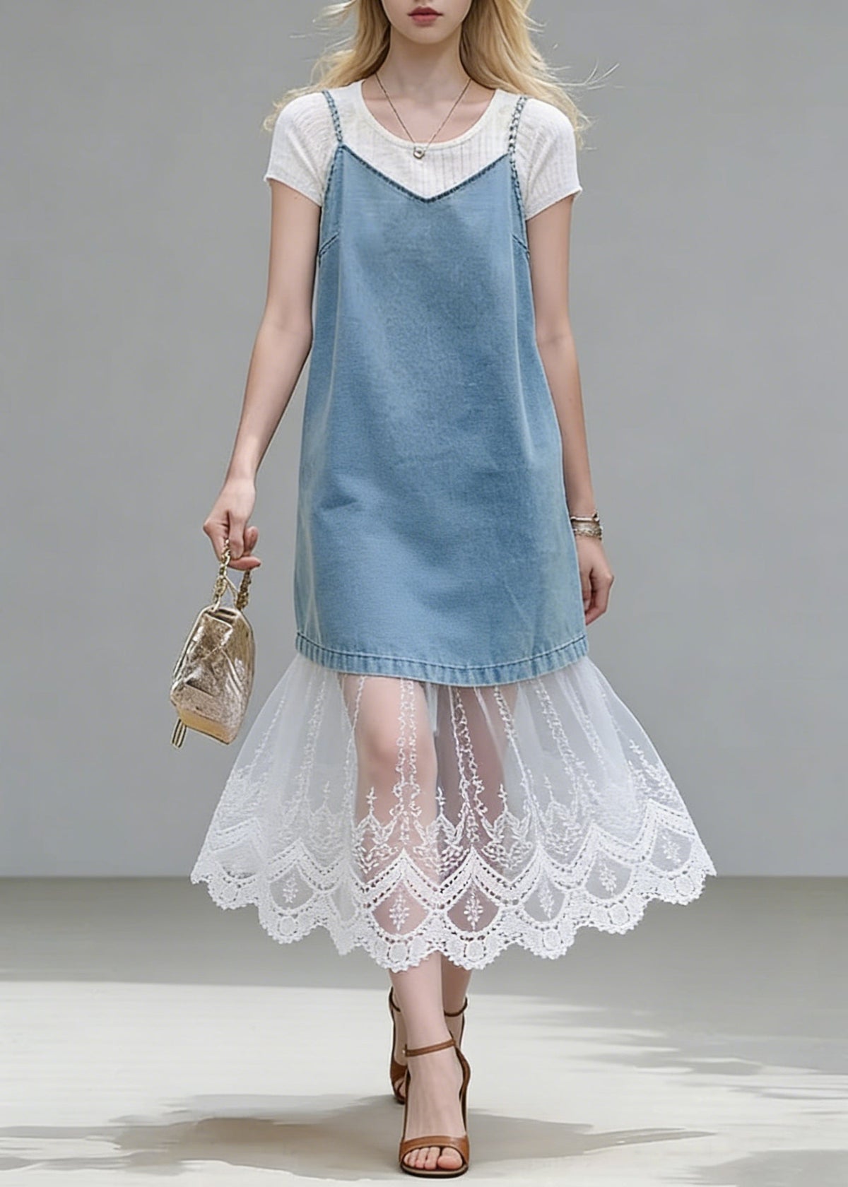Short Sleeve Ribbed Tee and Denim-Look Lace Hem Slip Dress Two Piece Set 5