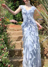 Stylish Blue Ruffled Tie Dye Chiffon Dress Summer 2