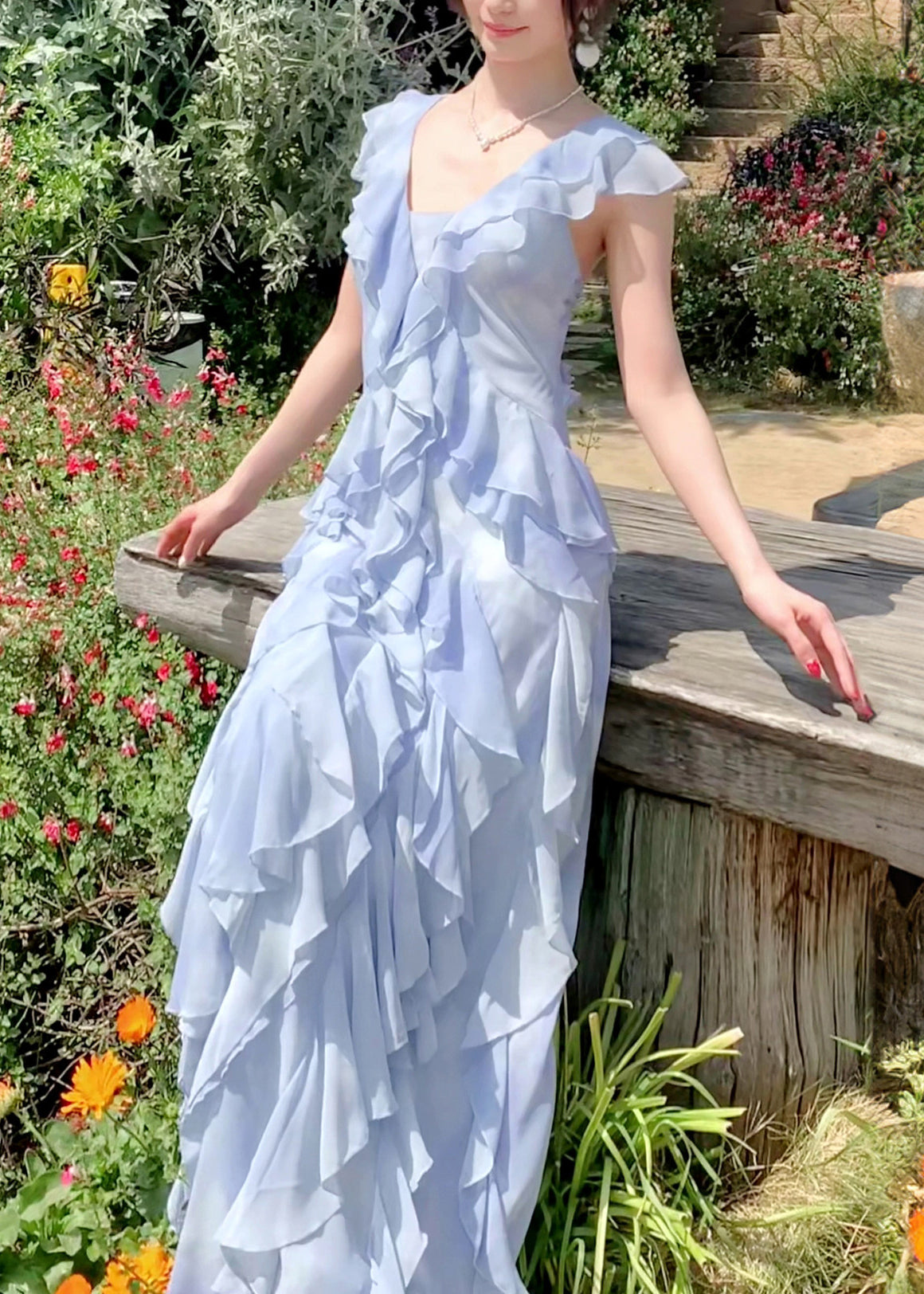 Stylish Blue Ruffled Tie Dye Chiffon Dress Summer 3