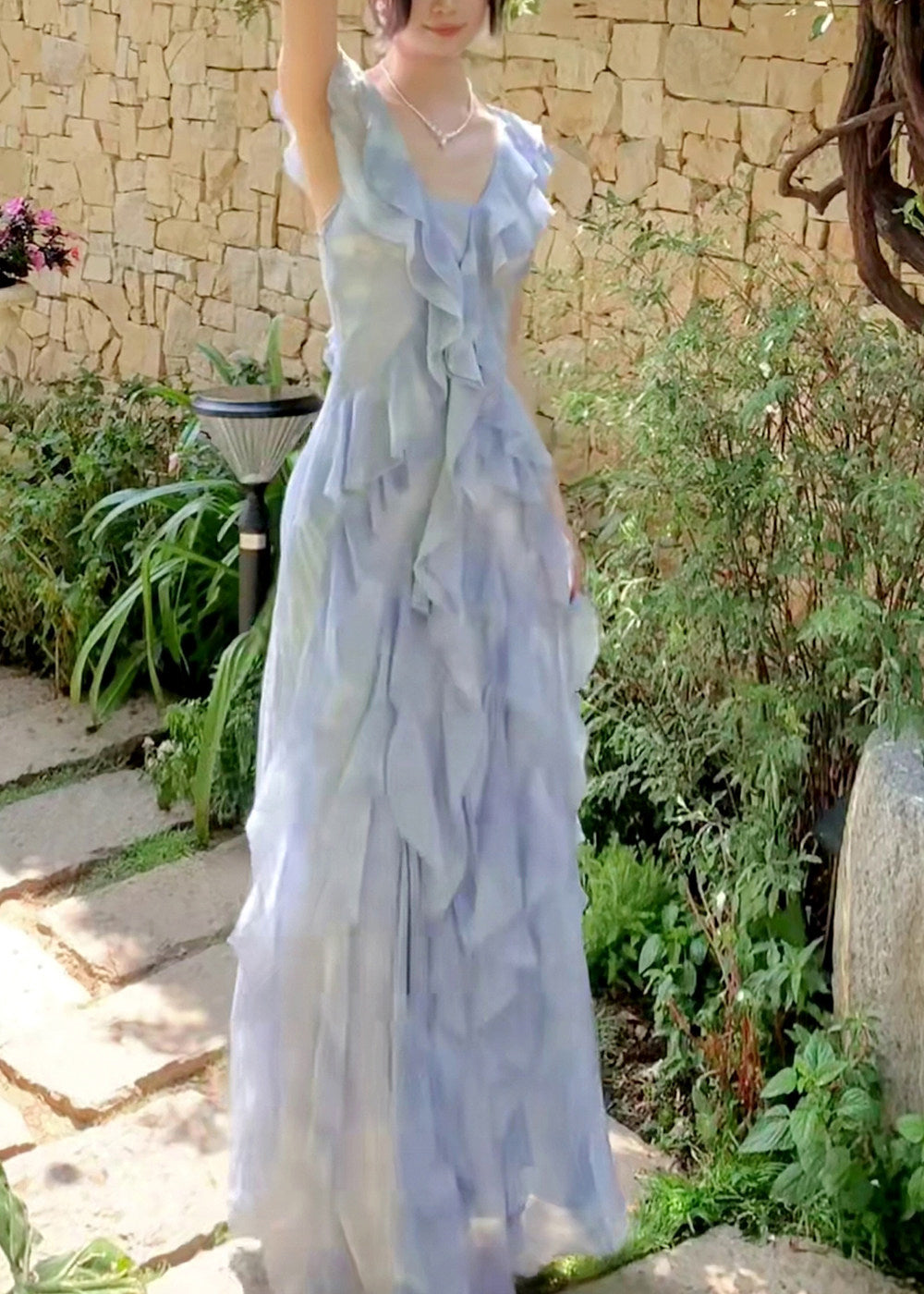 Stylish Blue Ruffled Tie Dye Chiffon Dress Summer 4