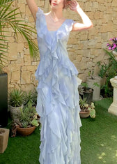 Stylish Blue Ruffled Tie Dye Chiffon Dress Summer 5