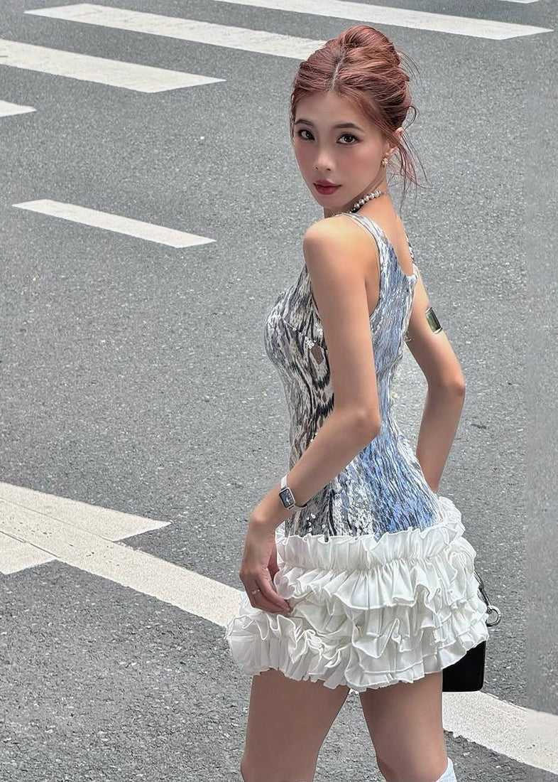 Sequin Square Neck Sleeveless Ruffle Fit and Flare Mini Party Dress