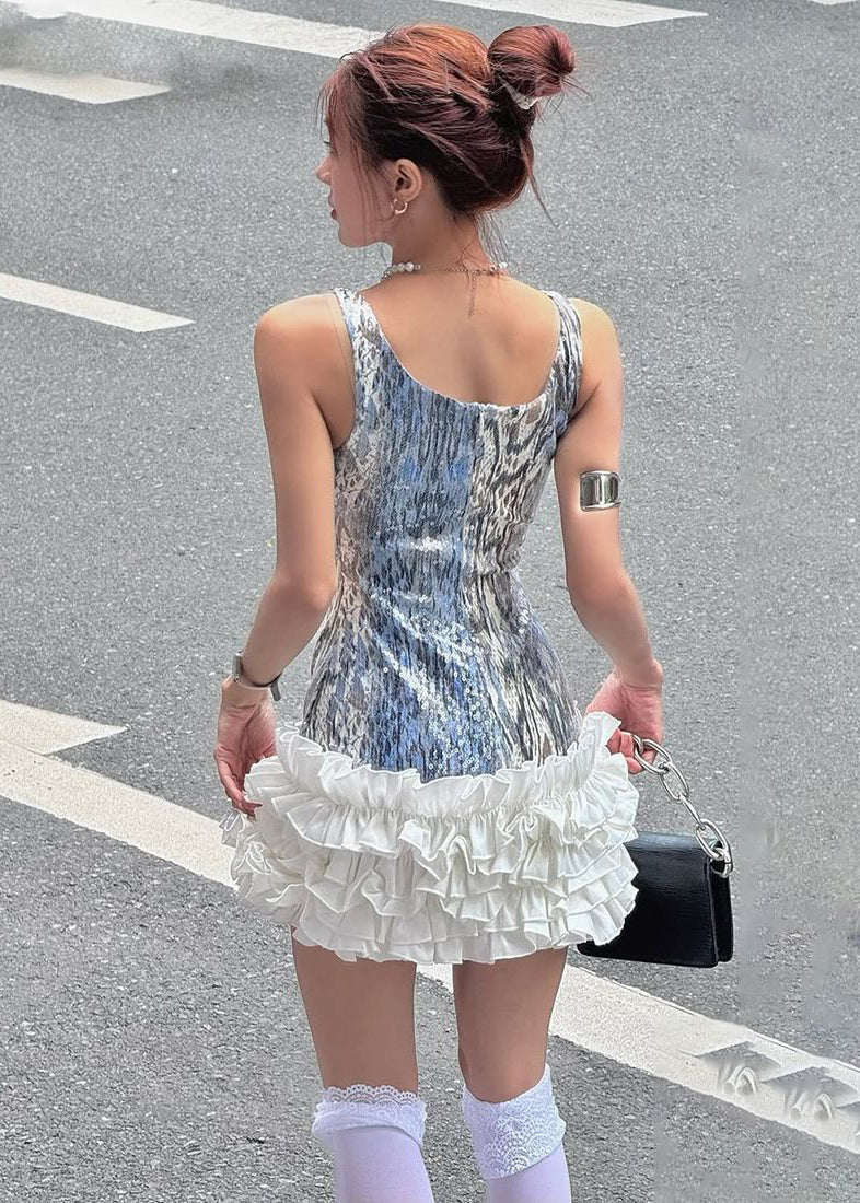 Sequin Square Neck Sleeveless Ruffle Fit and Flare Mini Party Dress