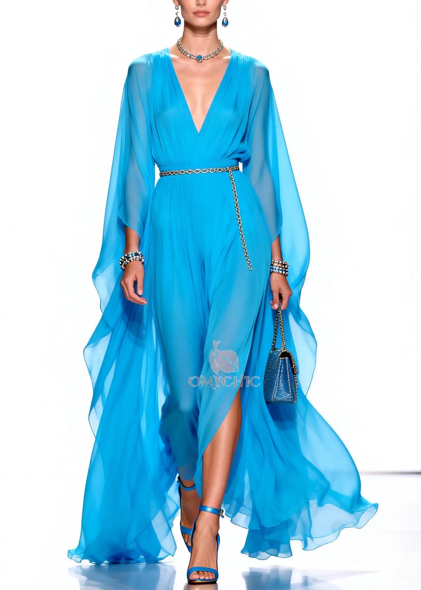Stylish Blue V Neck Draping Chiffon Maxi Dresses Summer