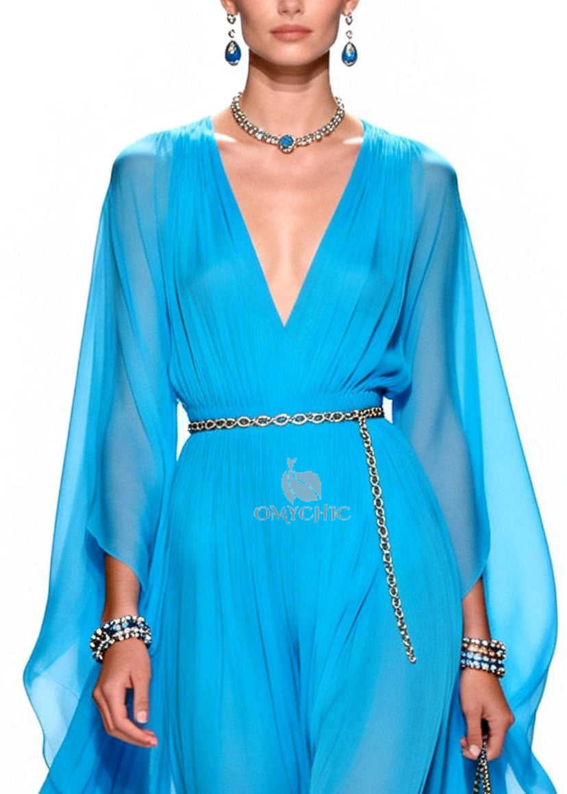Stylish Blue V Neck Draping Chiffon Maxi Dresses Summer 2