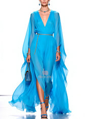 Stylish Blue V Neck Draping Chiffon Maxi Dresses Summer 3
