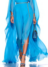 Stylish Blue V Neck Draping Chiffon Maxi Dresses Summer 4