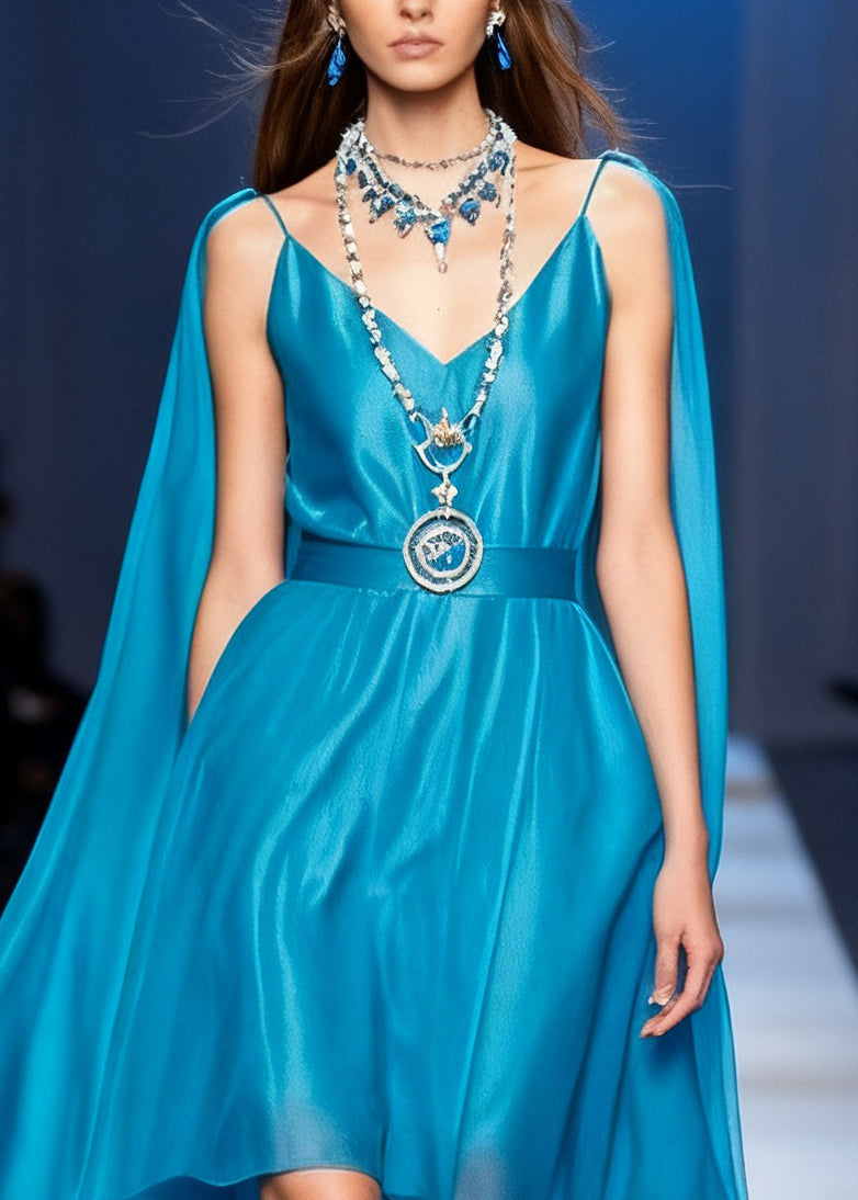Spaghetti Strap Deep V-Neck Chiffon Belted High Low Cape Maxi Dress