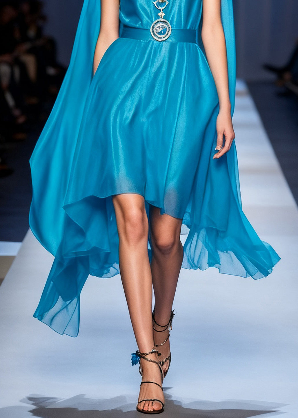 Spaghetti Strap Deep V-Neck Chiffon Belted High Low Cape Maxi Dress