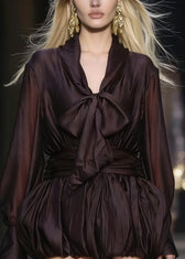 Stylish Brown Bow Lace Up Patchwork Chiffon Mini Dress Spring 2