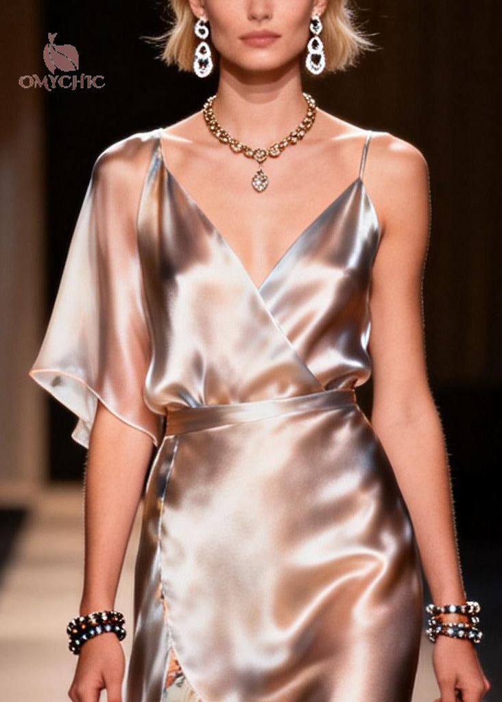 Satin One Shoulder Wrap Ruffle High Low Asymmetrical Midi Dress