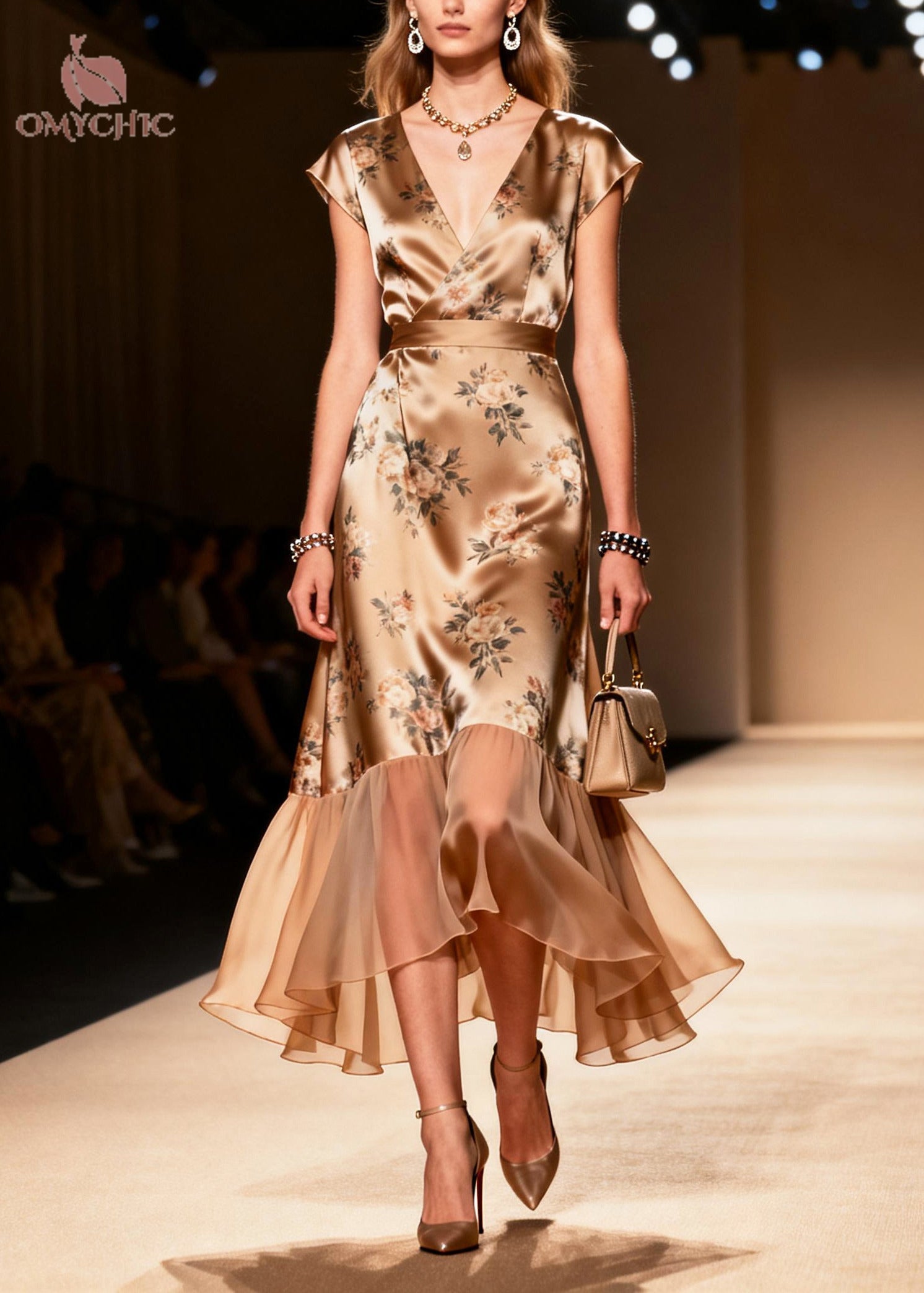 Satin Floral Print Deep V-Neck Wrap Cap Sleeve Belted Tulle Ruffle Hem Midi Dress