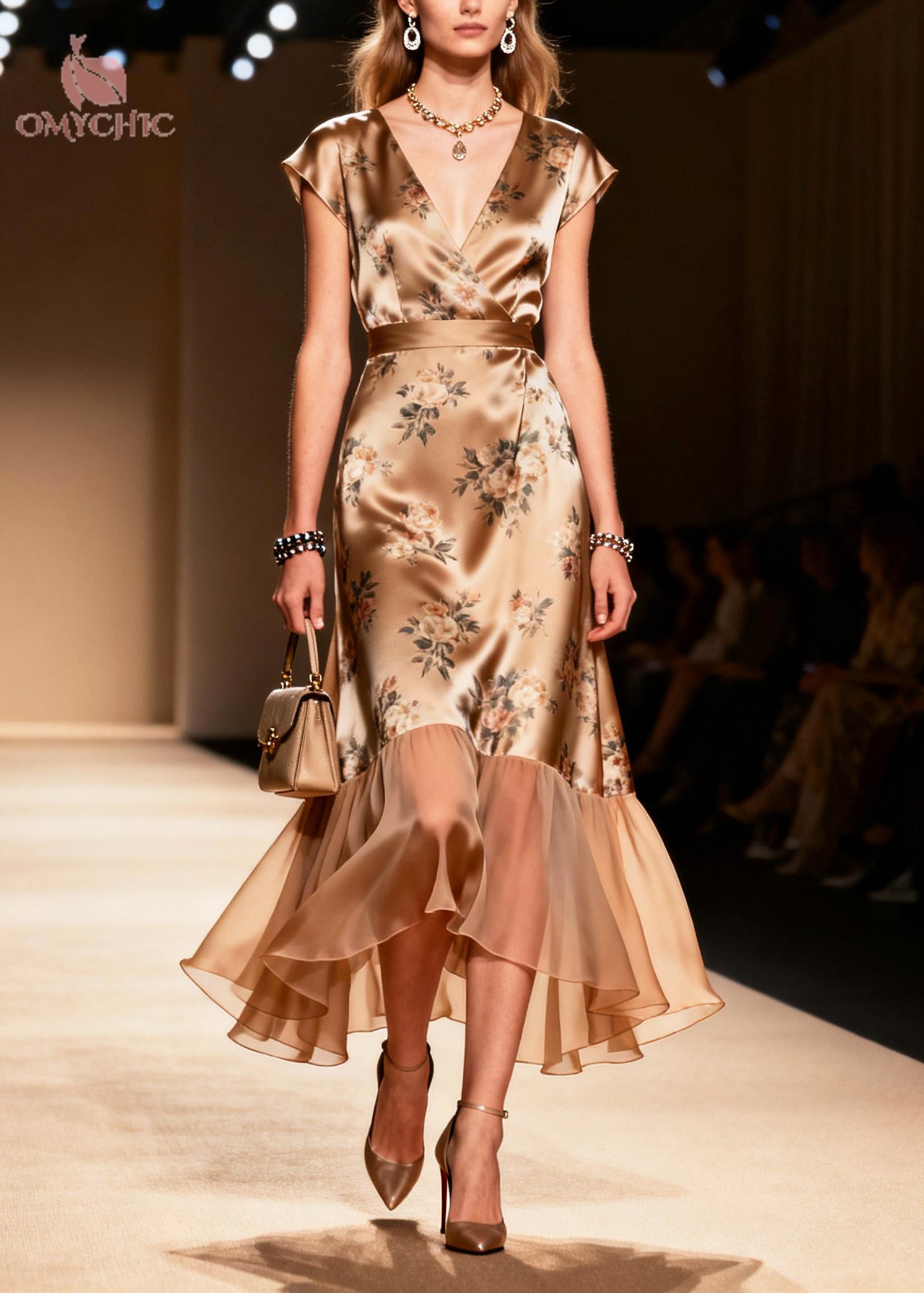 Satin Floral Print Deep V-Neck Wrap Cap Sleeve Belted Tulle Ruffle Hem Midi Dress