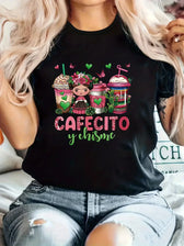 Coffee & Girl Printed - Casual All-Season Crew Neck Top With Belt Comfortable Polyester Blend
