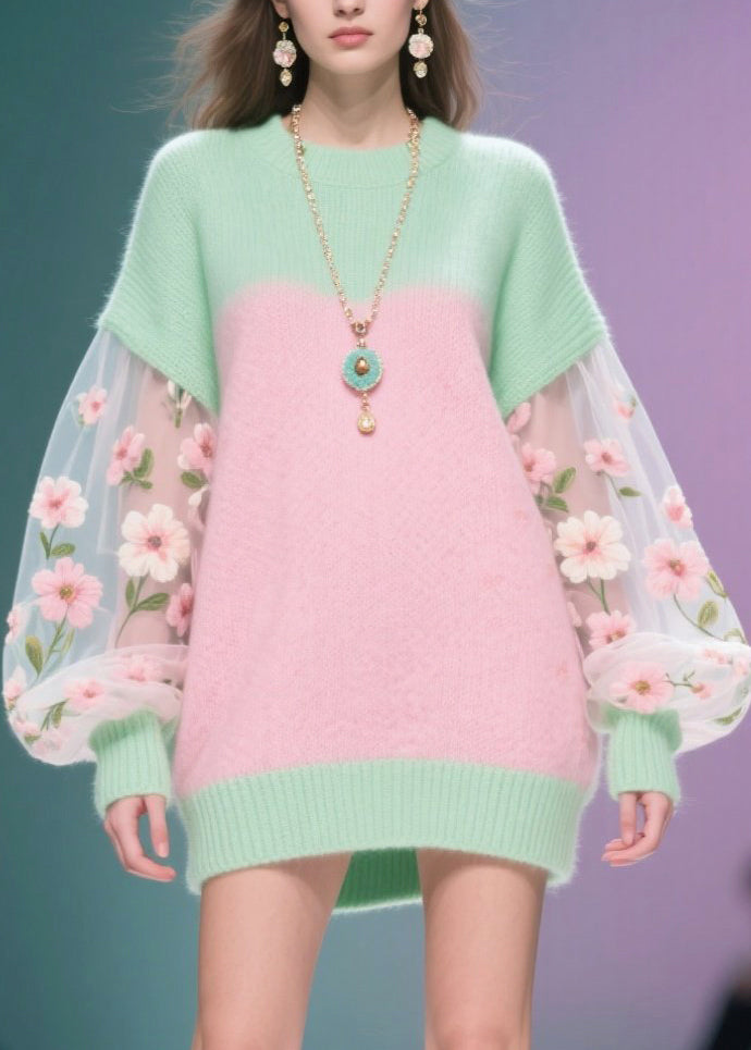 Knit Sheer Mesh Floral Embroidered Balloon Sleeve Ribbed Trim Mini Sweater Dress