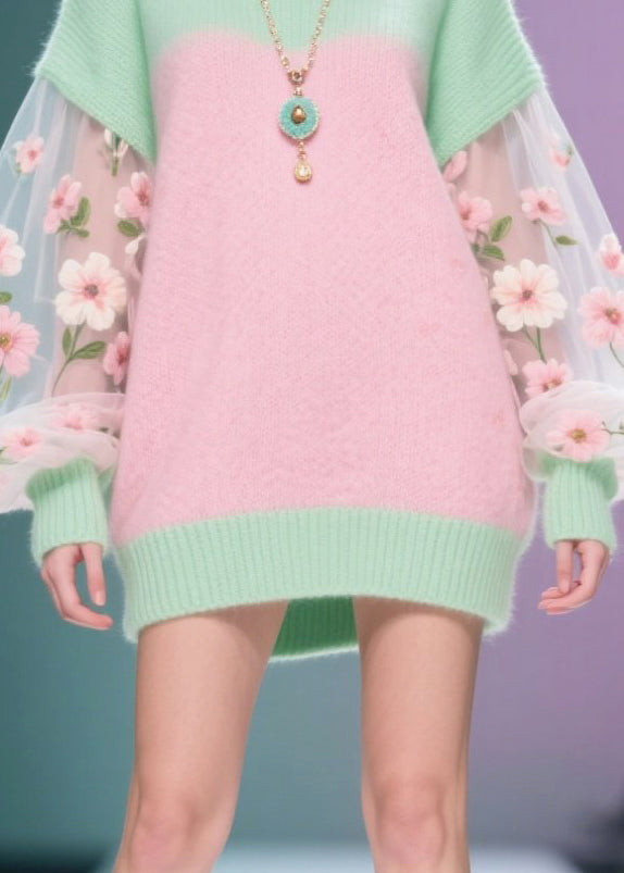 Knit Sheer Mesh Floral Embroidered Balloon Sleeve Ribbed Trim Mini Sweater Dress