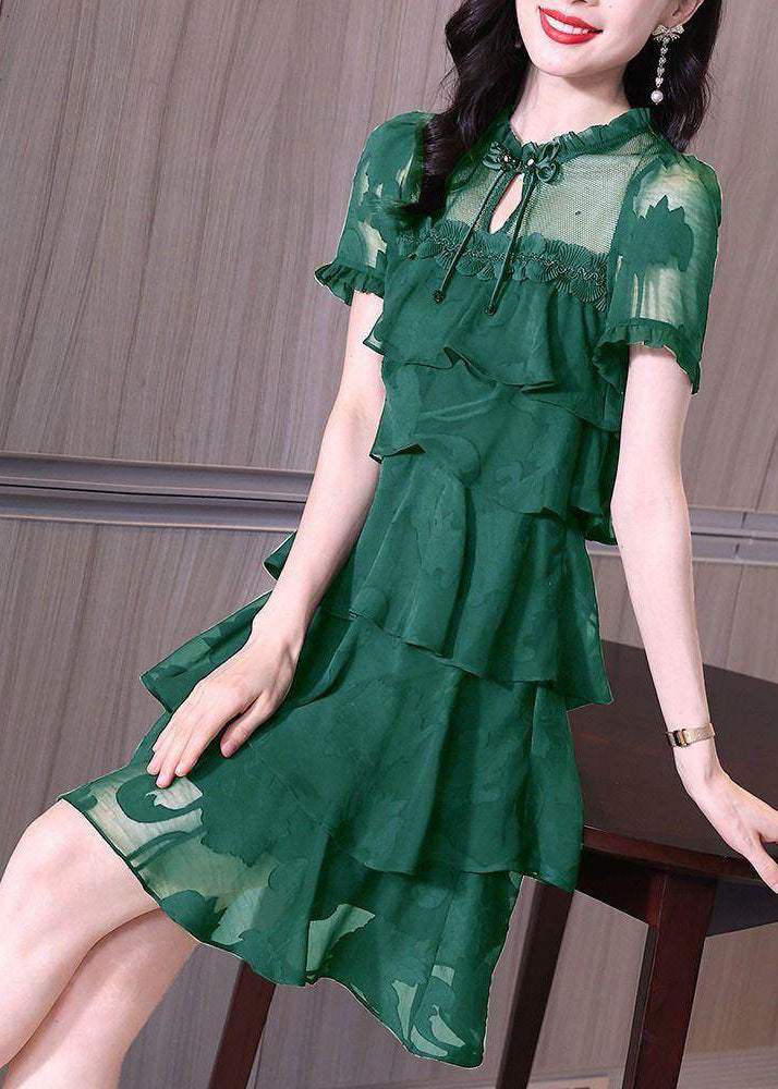 Stylish Dark Green Ruffled Patchwork Chiffon Dress Summer 2