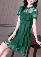 Stylish Dark Green Ruffled Patchwork Chiffon Dress Summer 2