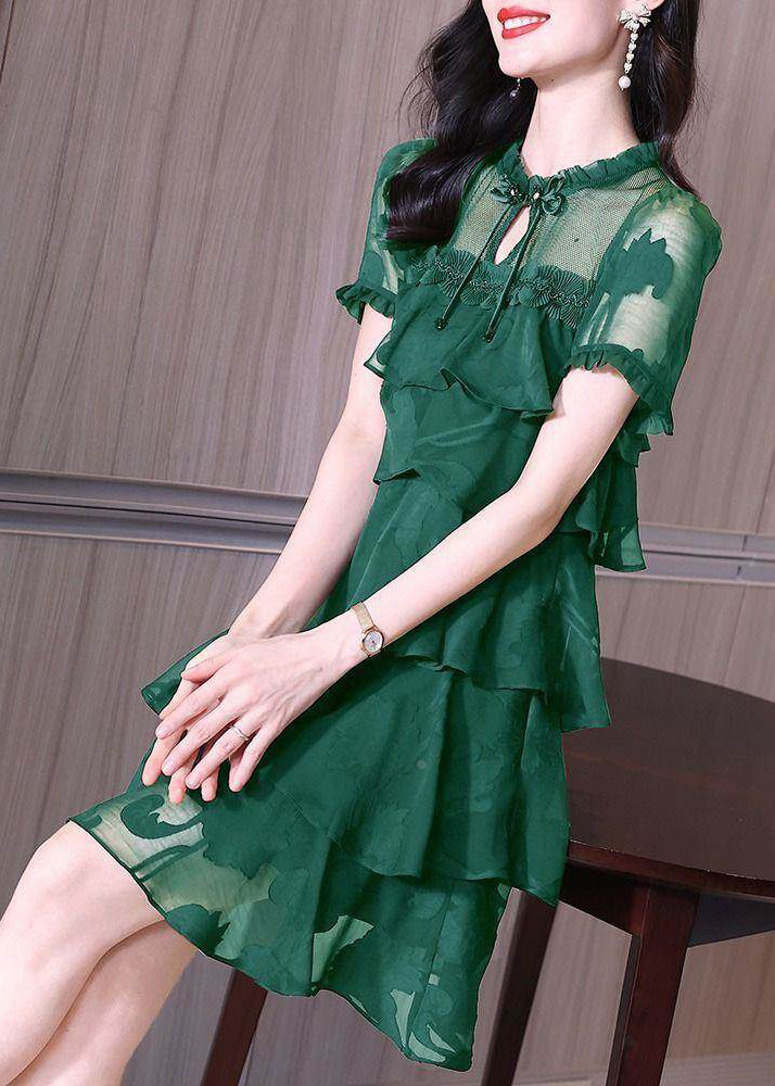Stylish Dark Green Ruffled Patchwork Chiffon Dress Summer 3