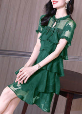 Stylish Dark Green Ruffled Patchwork Chiffon Dress Summer 3