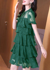 Stylish Dark Green Ruffled Patchwork Chiffon Dress Summer 4