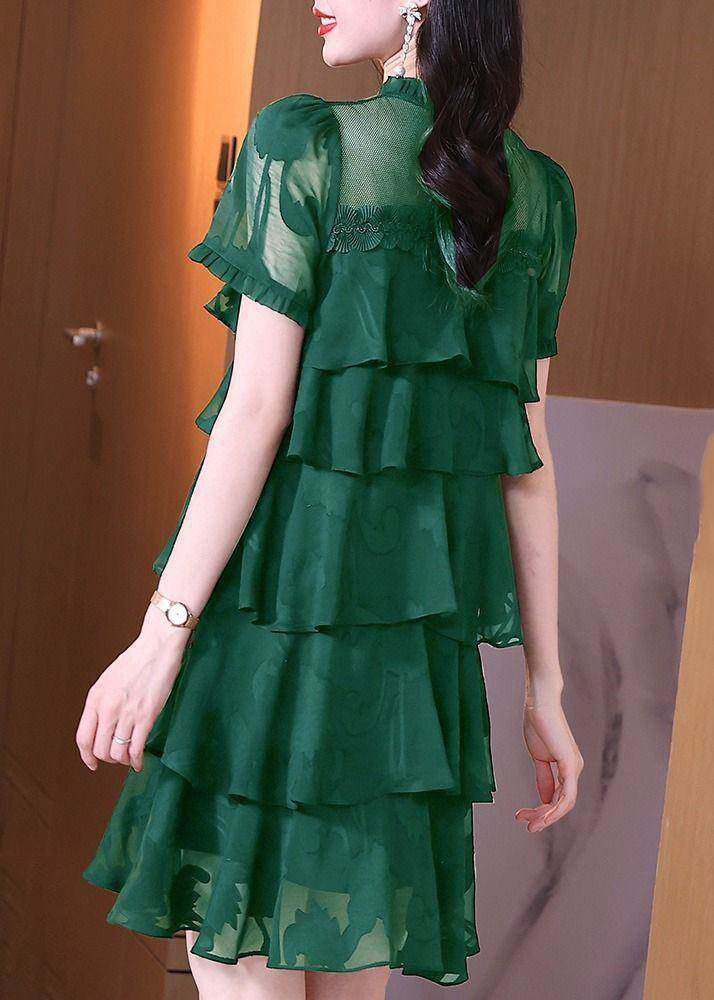 Stylish Dark Green Ruffled Patchwork Chiffon Dress Summer 5