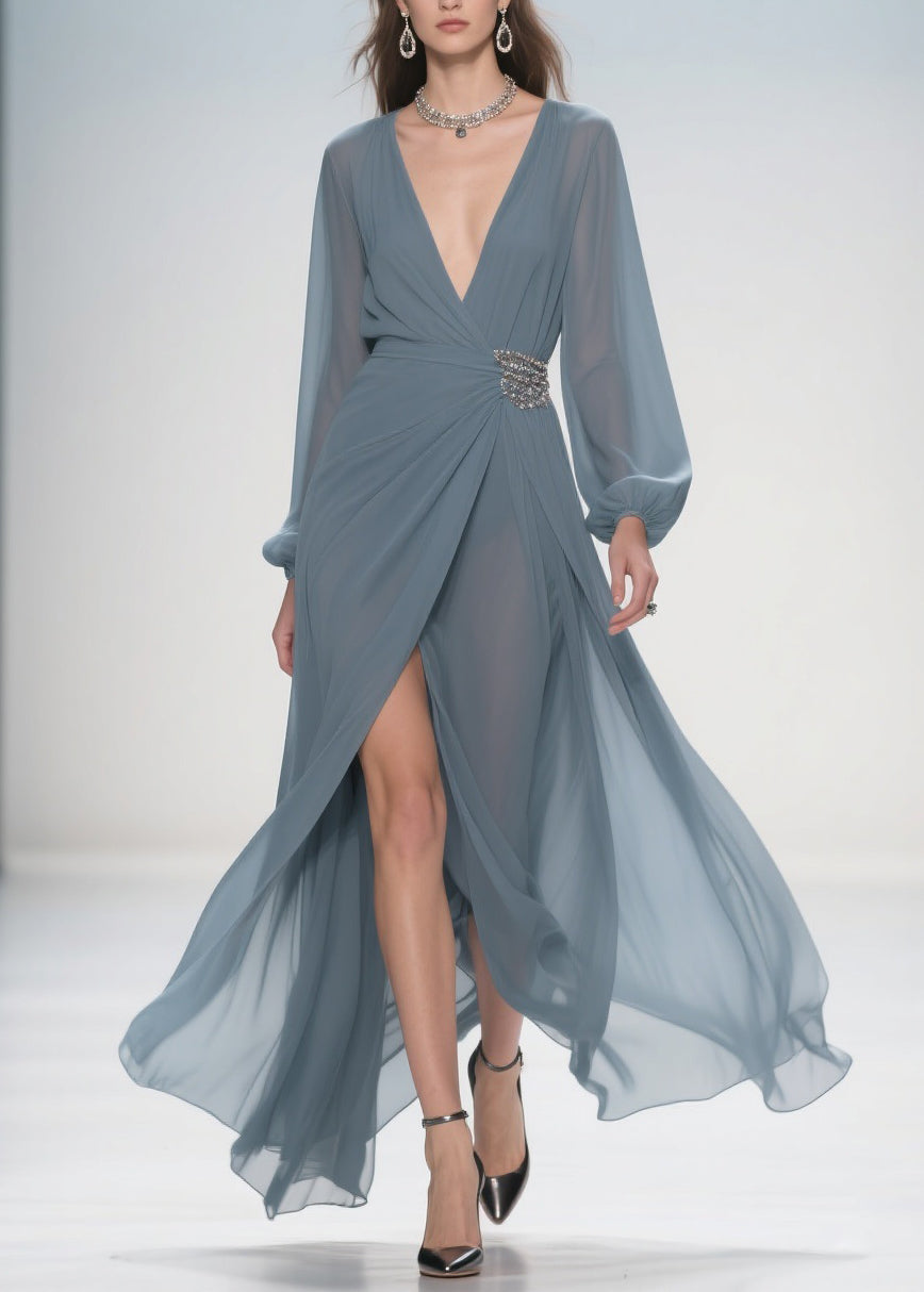 Chiffon Deep V-Neck Rhinestone Waist Wrap High Split Maxi Gown