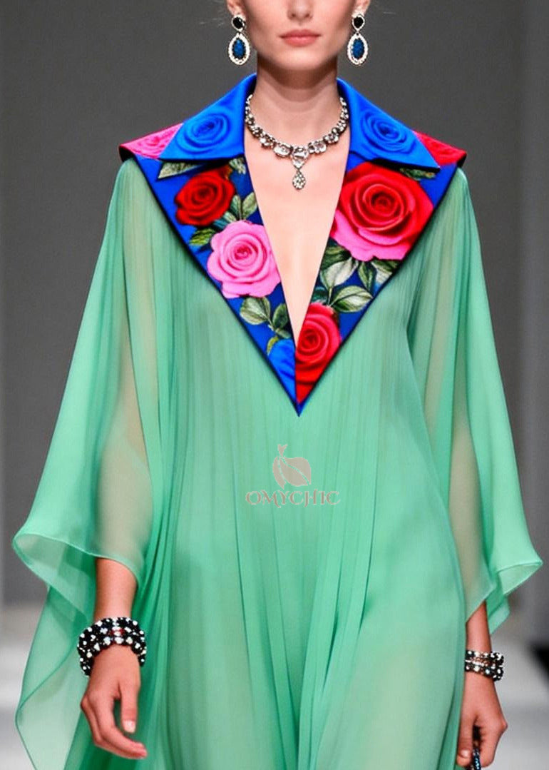Pleated Sheer Chiffon Floral Embroidered Collar Deep V-Neck Cape Sleeve Maxi Gown