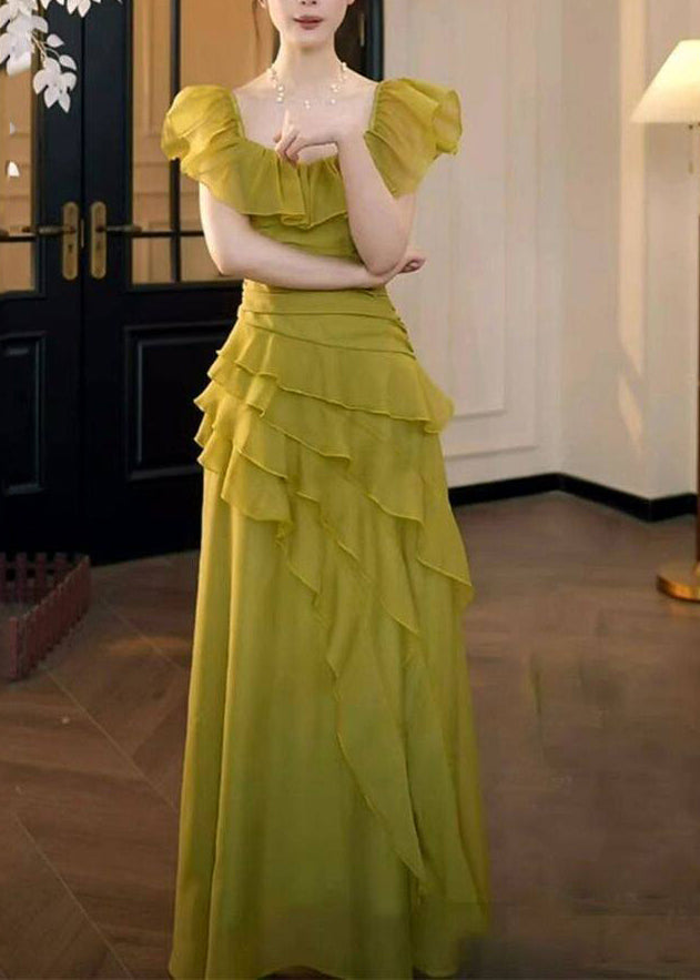 Stylish Grass Green Ruffled Asymmetrical Design Chiffon Party Dress Summer