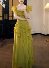 Stylish Grass Green Ruffled Asymmetrical Design Chiffon Party Dress Summer