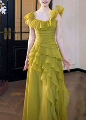 Stylish Grass Green Ruffled Asymmetrical Design Chiffon Party Dress Summer 2