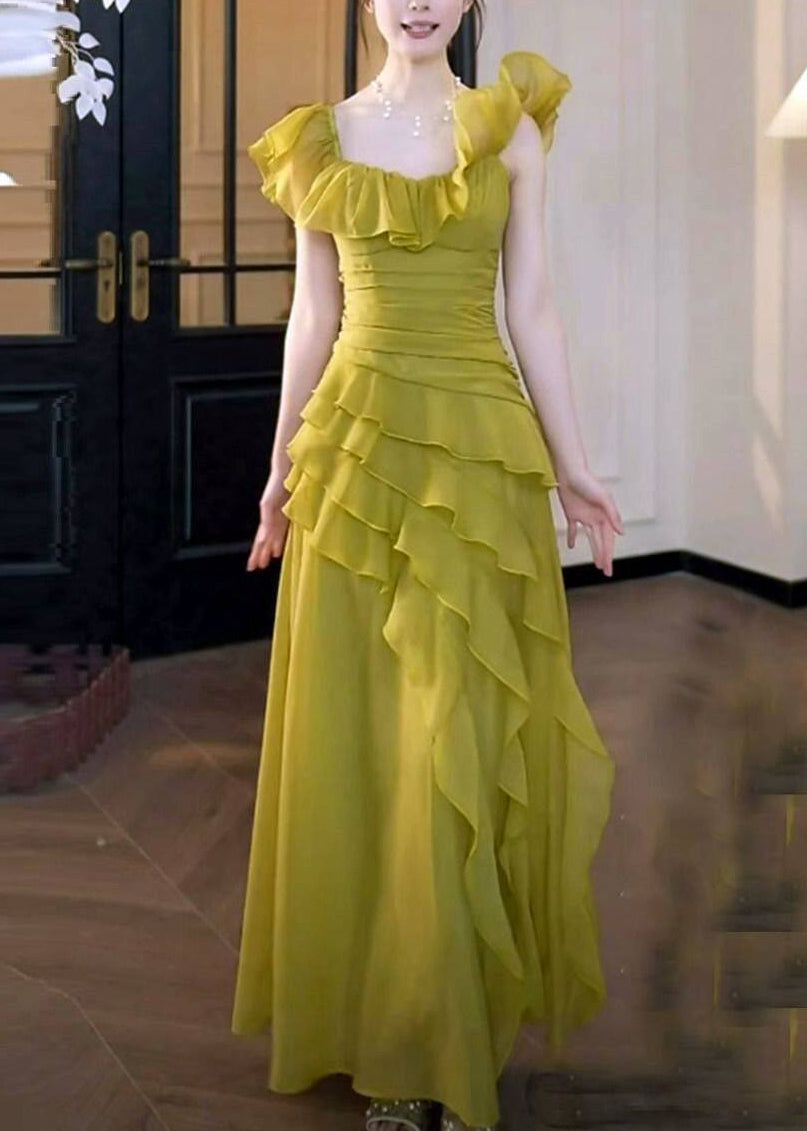 Stylish Grass Green Ruffled Asymmetrical Design Chiffon Party Dress Summer 3