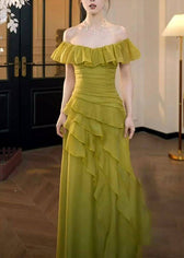 Stylish Grass Green Ruffled Asymmetrical Design Chiffon Party Dress Summer 4